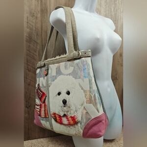 Fuzzy Nation Shoulder Bag Womens Dog Print Faux Fur Lined Double Handle Purse